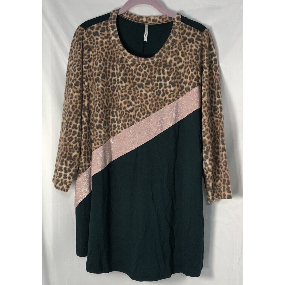 Voel Women's Leopard Print w Green & Pink Sparkle Stripes Long-Sleeve‎ Top - 1X